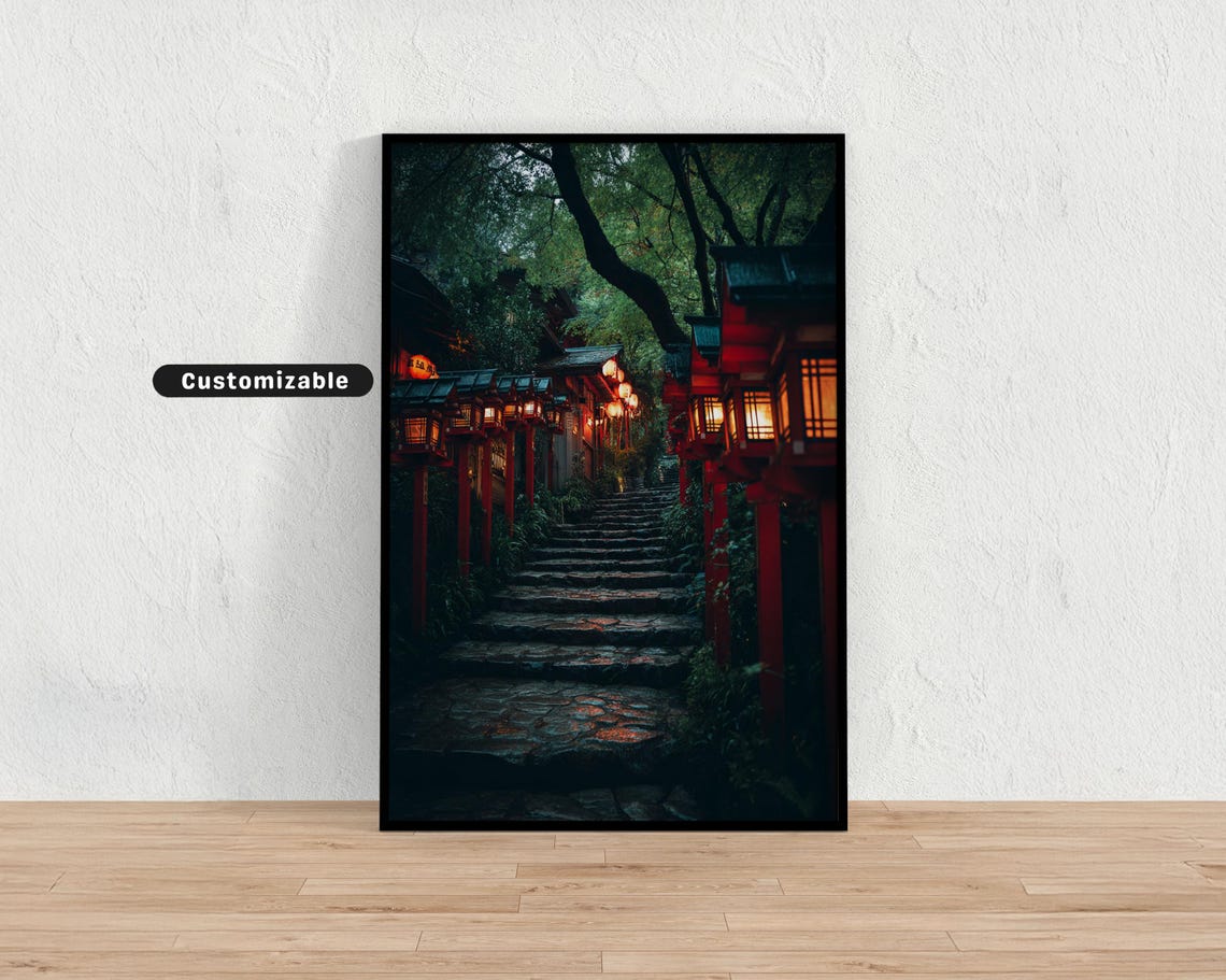 Red Lantern Stone Stairway Night Japanese Shrine Garden Poster