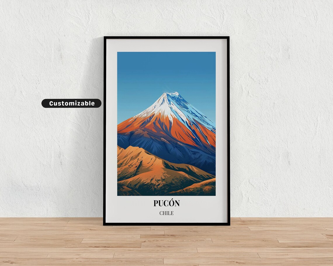 Pucon Chile Volcano Travel Poster Snow Capped Peak Customizable Wall Decor