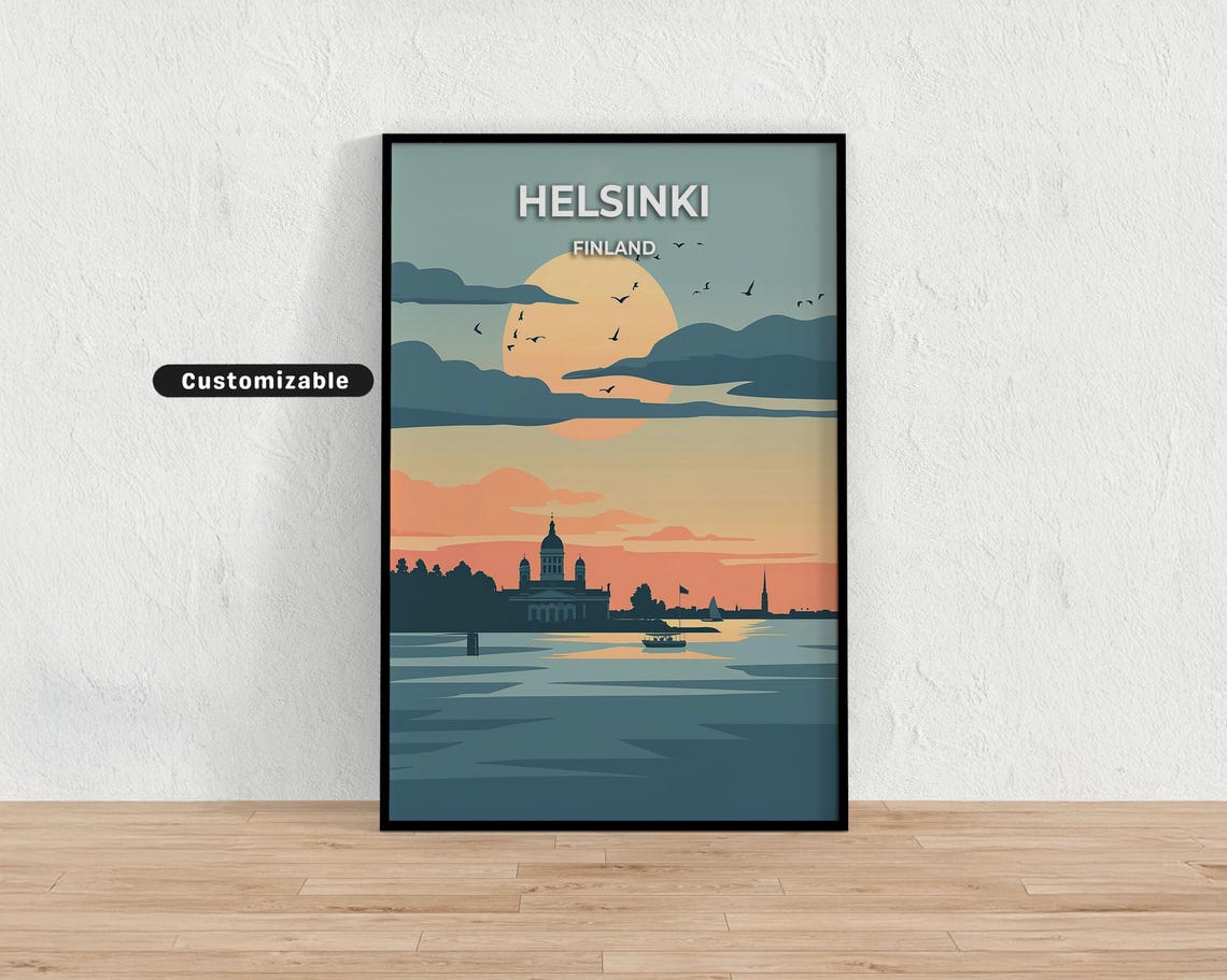Helsinki Finland Sunset Harbor Cathedral Skyline Vintage Travel Poster