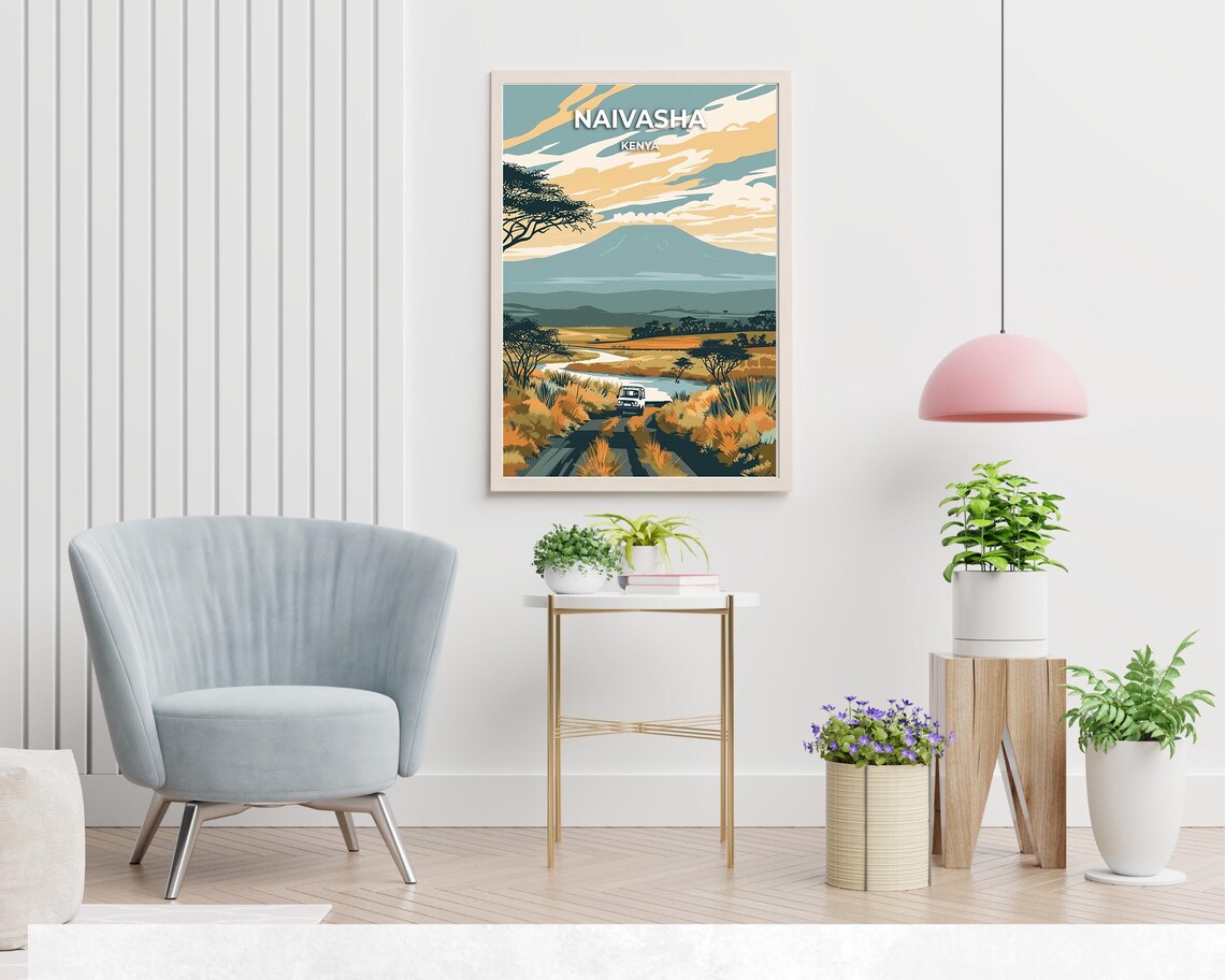 Naivasha Kenya Safari Jeep Savanna Mountain Landscape Travel Poster - Image 2