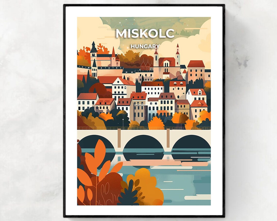 Miskolc Hungary Riverside Autumn Bridge Town Vintage Travel Poster