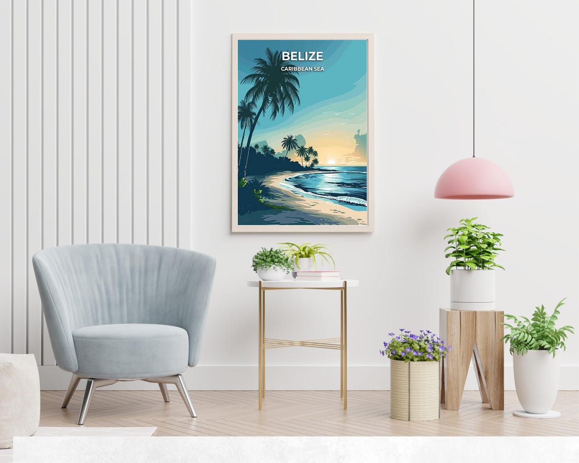 Belize Caribbean Sea Sunset Beach Palm Silhouettes Waves Poster - Image 2