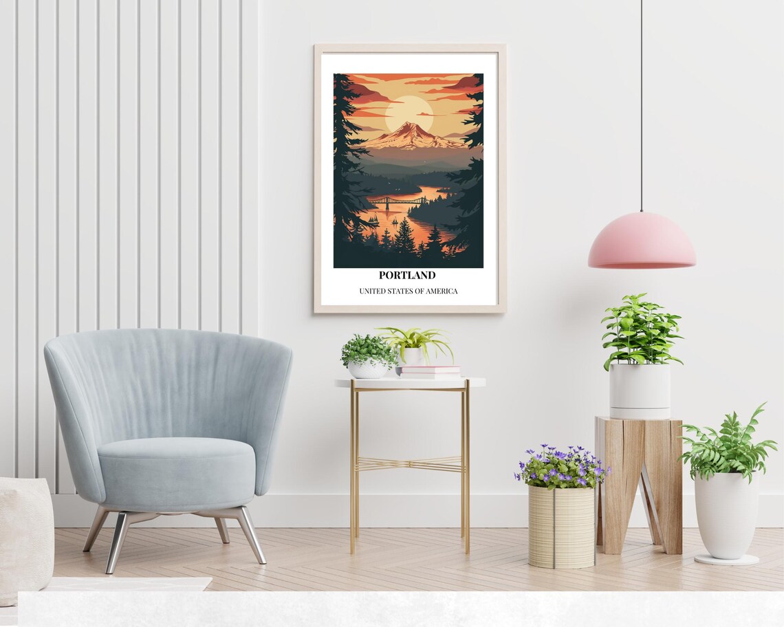 Portland Oregon Mount Hood Sunset River Bridge Scene Wall Art - Image 2