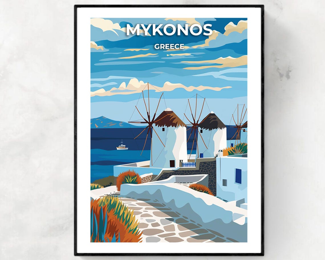 Mykonos Greece Windmills Poster with Whitewashed Aegean Sea View