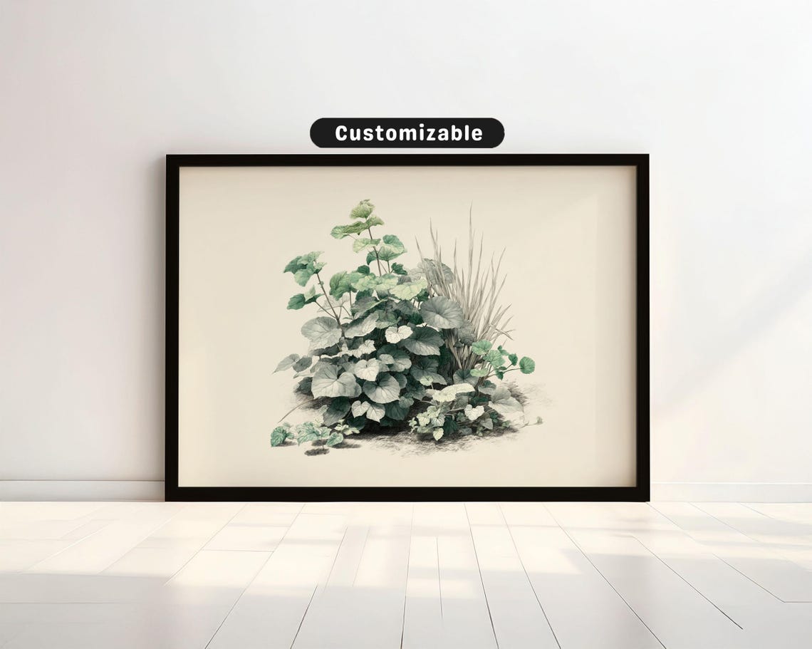 Soft Green And Gray Palette Plant Drawing Centered Layout Botanical Wall Art Neutral Minimal Print