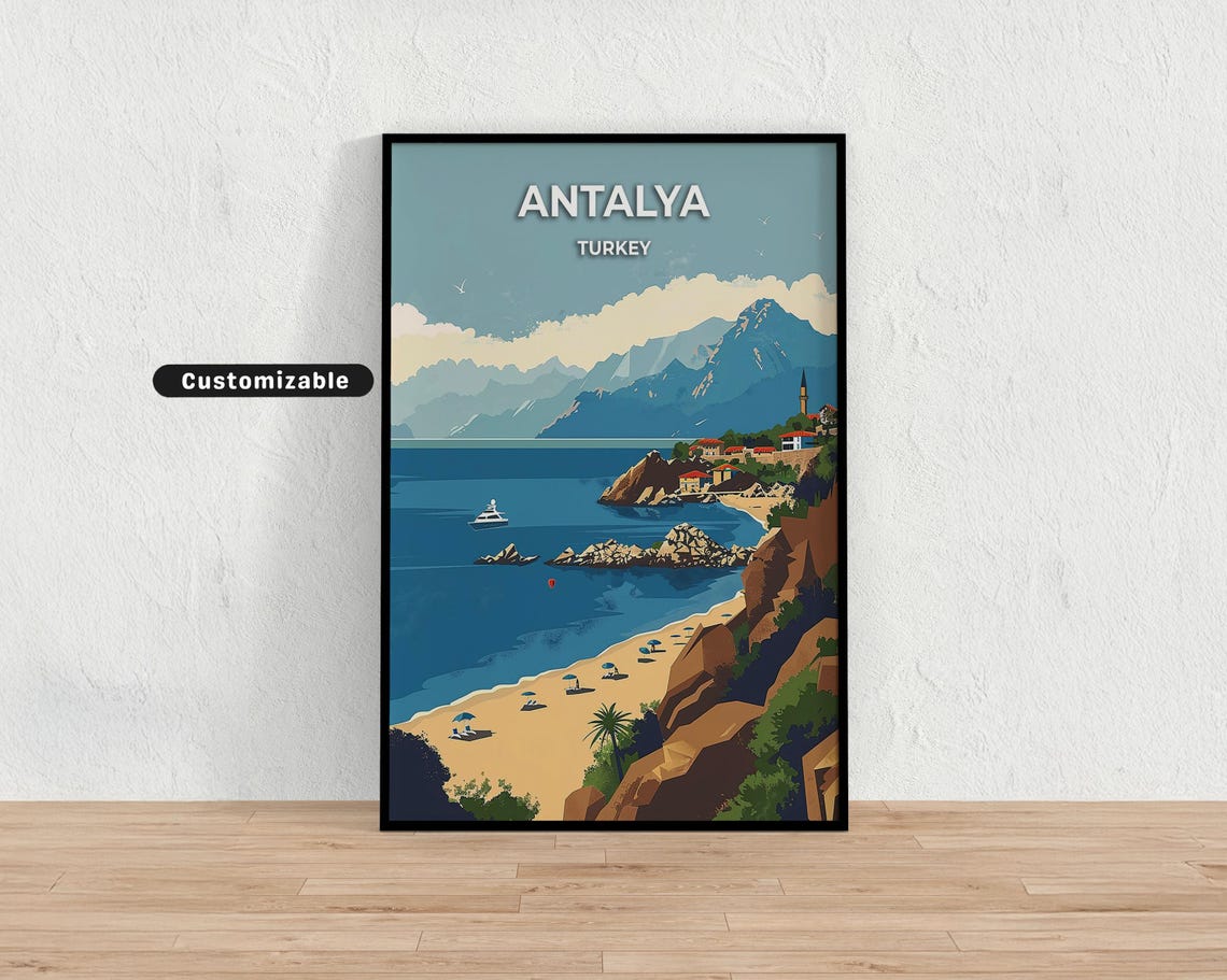 Antalya Turkey Turquoise Bay Beach Mountain Coast Travel Poster