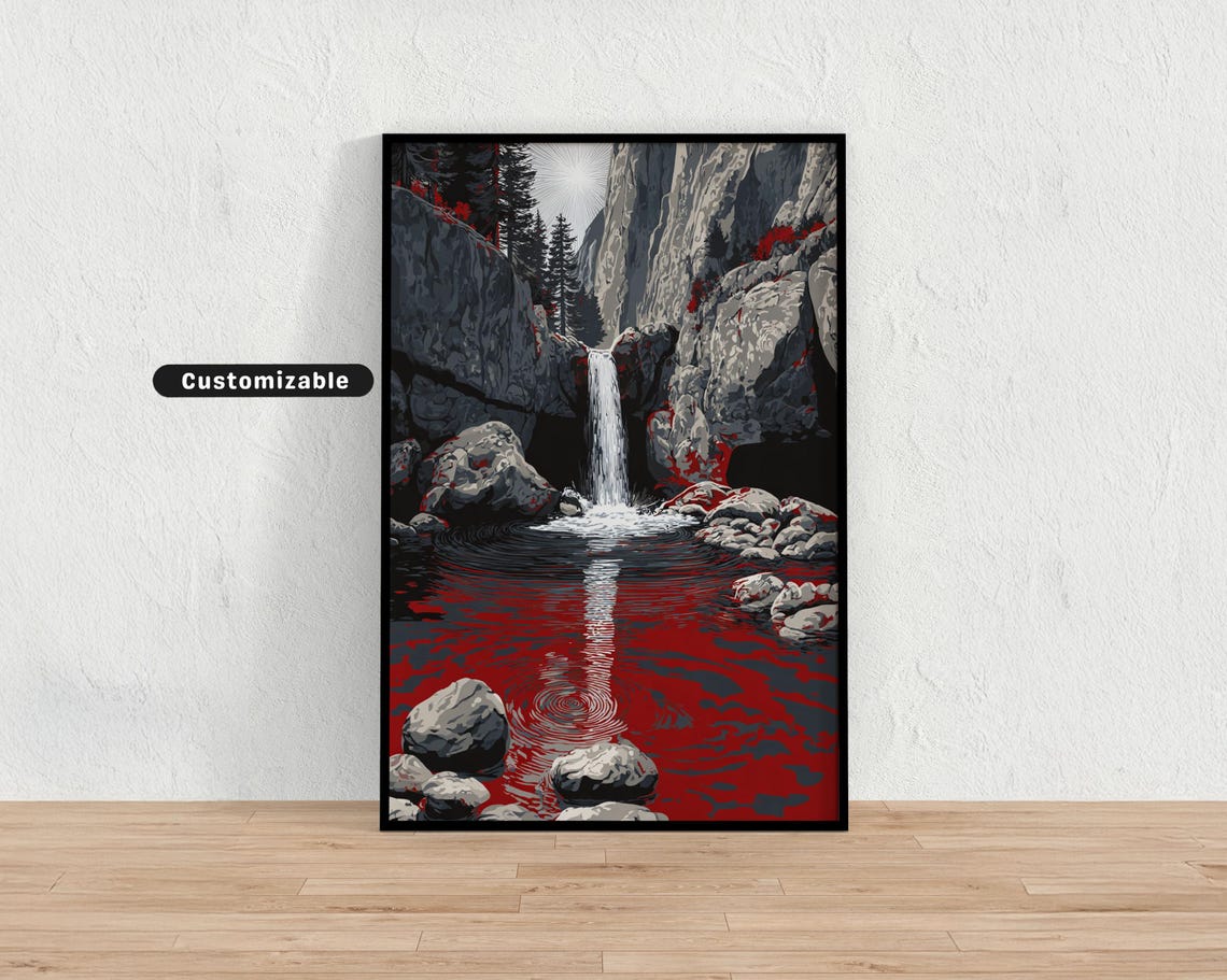Waterfall Crashing Into Rocky Basin In Stylized Lines Japanese Wall Art Print Zen Asian Decor