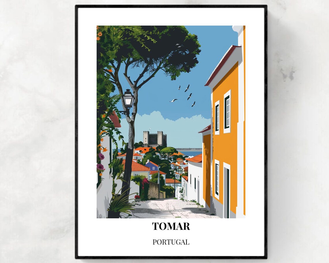 Tomar Portugal Cobblestone Alley Hilltop Church Seagulls Travel Poster