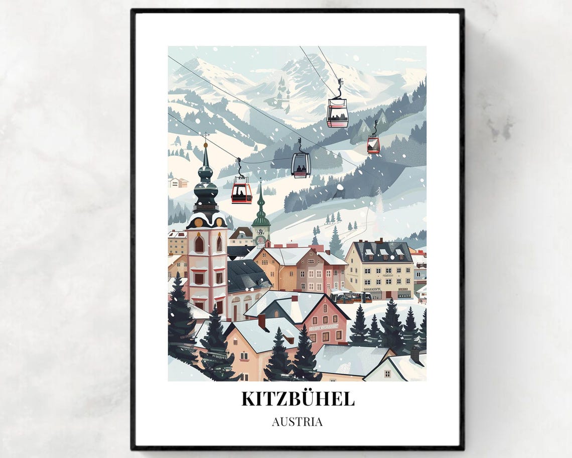 Winter Kitzbuhel Ski Town with Cable Cars and Snowfall Austria Poster
