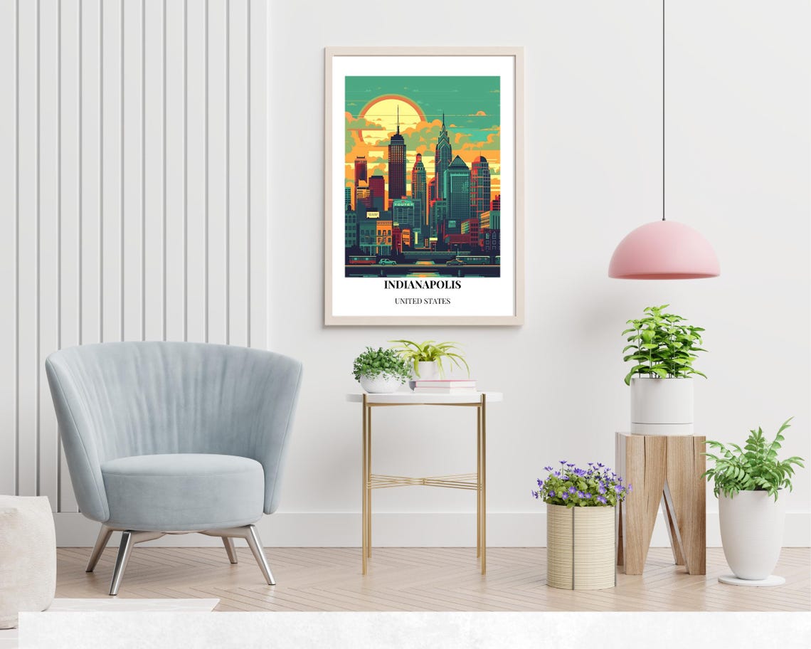 Indianapolis Retro Skyline at Sunrise With Giant Golden Sun Poster - Image 2