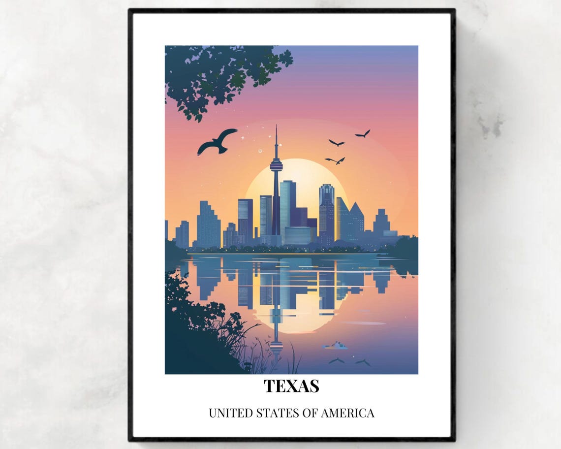 Texas Sunset Skyline Tower River Reflection Bottom Title Travel Poster