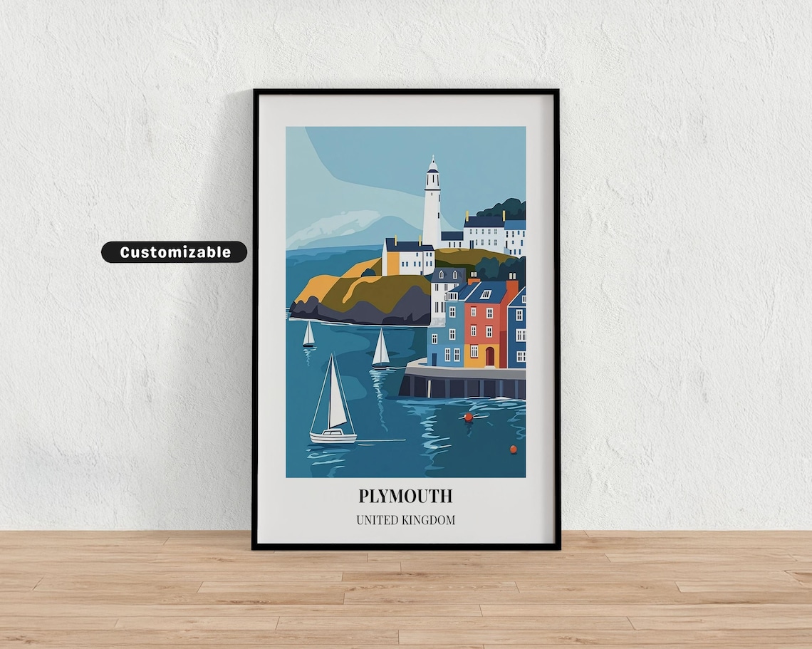 Plymouth United Kingdom Lighthouse Harbor Waterfront Travel Poster
