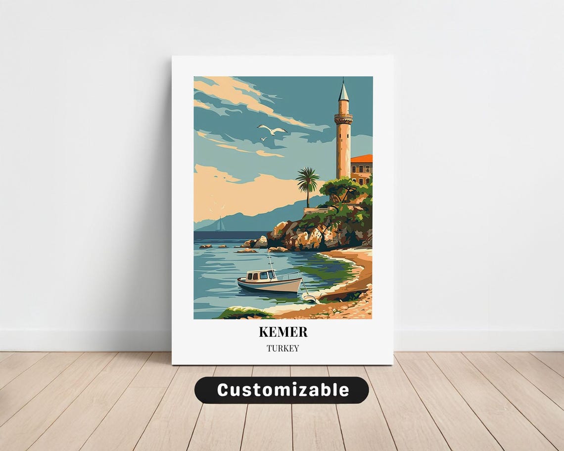 Kemer Turkey Coastal Tower Beach Vintage Style Travel Poster
