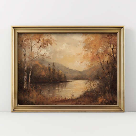Golden Autumn Lake Birch Trees Vintage Landscape Artwork Poster