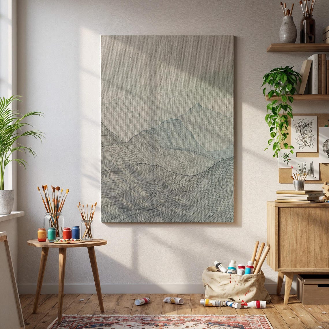 Modern Minimal Mountain Line Art Neutral Elegant Landscape Poster