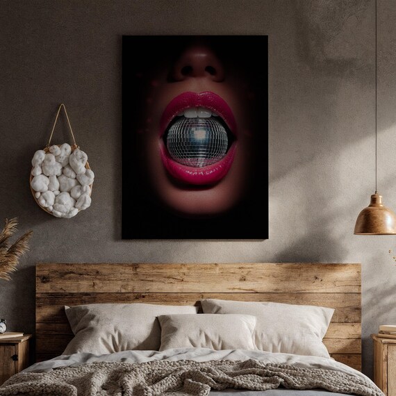 Disco Ball In Pink Lips Bold Retro Pop Art Glam Party Wall Art