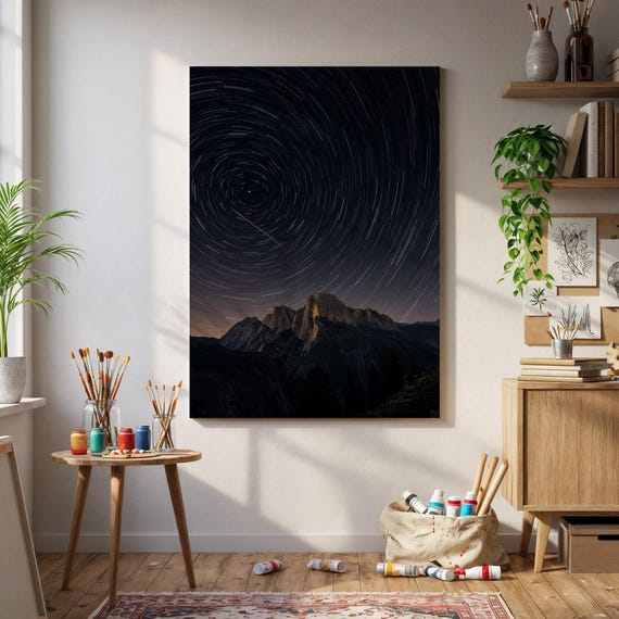 Framed Star Trail Mountain Poster Night Sky Landscape Wall Art Cosmic Timelapse Photography Print Nature Decor Gift For Stargazers