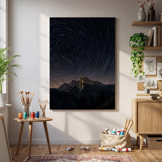 Star Trails Over Dark Mountain Silhouette Night Sky Photo Poster