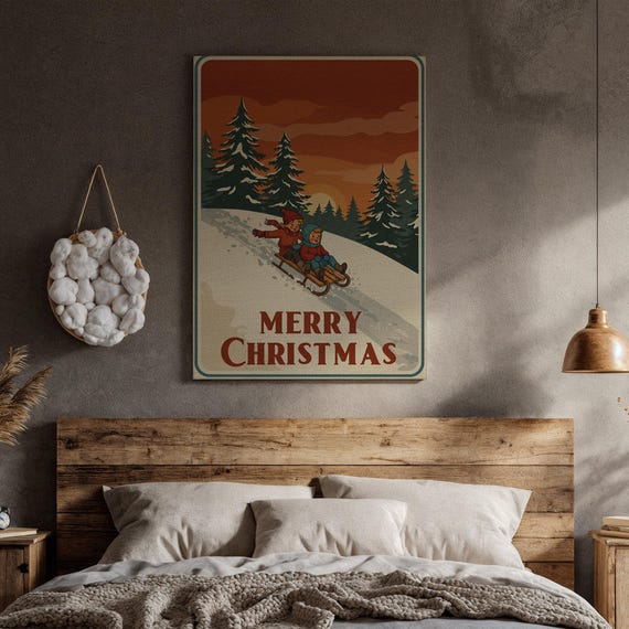 Vintage Sledding Christmas Canvas Art Retro Winter Kids Illustration In Snowy Pine Forest Cozy Holiday Wall Decor For Rustic Living Spaces