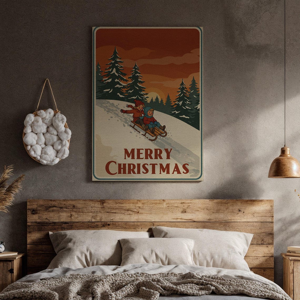 Merry Christmas Sledding Kids Retro Winter Sunset Holiday Poster Art