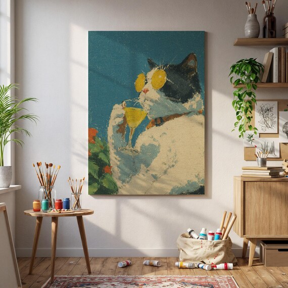 Cool Cat Yellow Sunglasses Cocktail Retro Summer Party Fun Poster