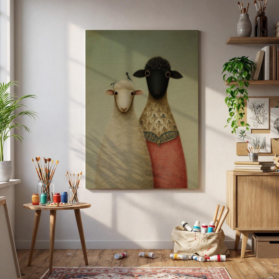 Whimsical Folk Art Sheep Couple Portrait Soft Pastel Animal Poster