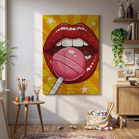 Pop Art Lips With Lollipop Canvas Sexy Retro Wall Red Candy Poster Bold Colorful Print Framed Modern Room Decor Home