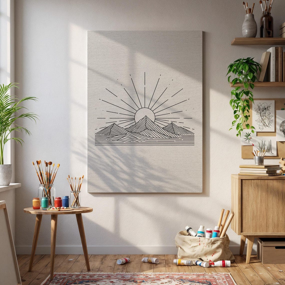 Minimalist Mountain Sunrise Line Art Boho Sun Rays Nature Poster