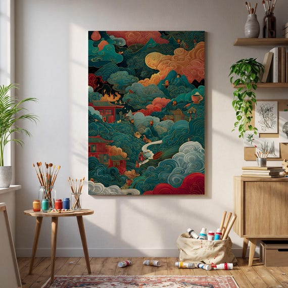 Mystical Asian Landscape Print Surreal Mountains Temples And Clouds In A Dreamy East Fantasy World Illustration Poster