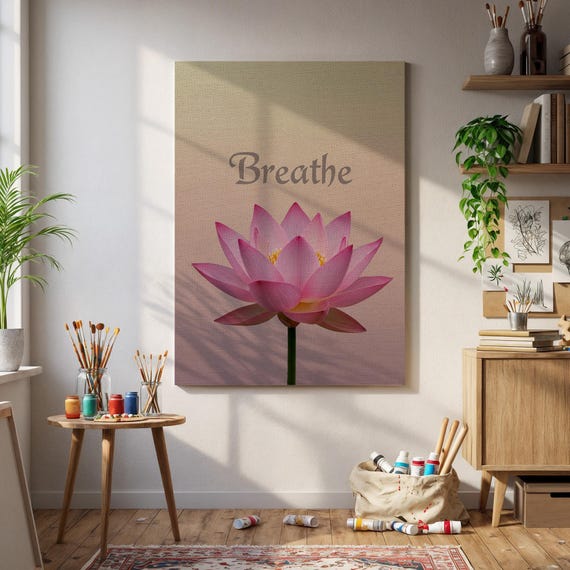 Framed Flower Wall Art With Breathe Text Pink Mindfulness Canvas Print Zen Meditation Decor For Yoga And Calm Spaces