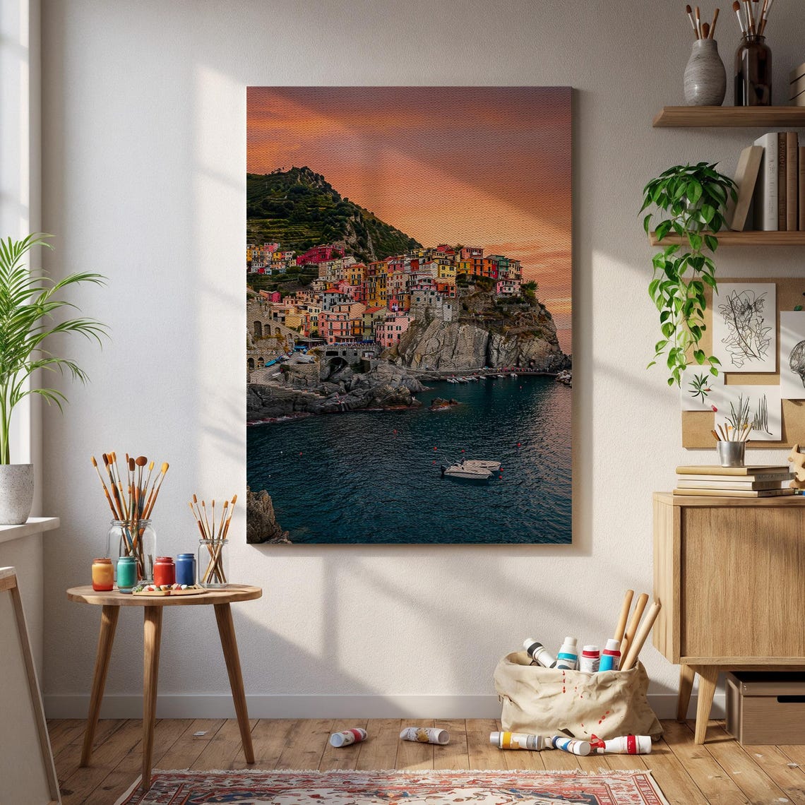 Manarola Italy Coastline Poster Colorful Cliff Village at Sunset
