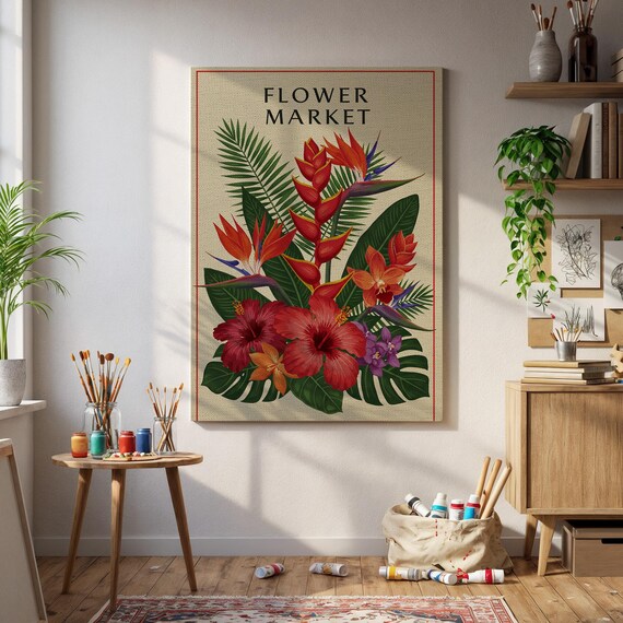 Tropical Flower Market Wall Art Vibrant Exotic Bloom Poster With Hibiscus Bird Of Paradise Jungle Leaves Boho Botanical Decor Home