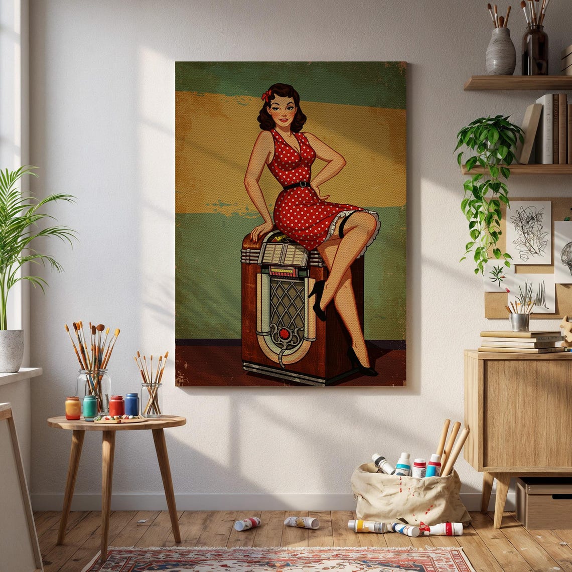 Retro Pinup Girl Sitting On Jukebox 1950s Diner Style Poster