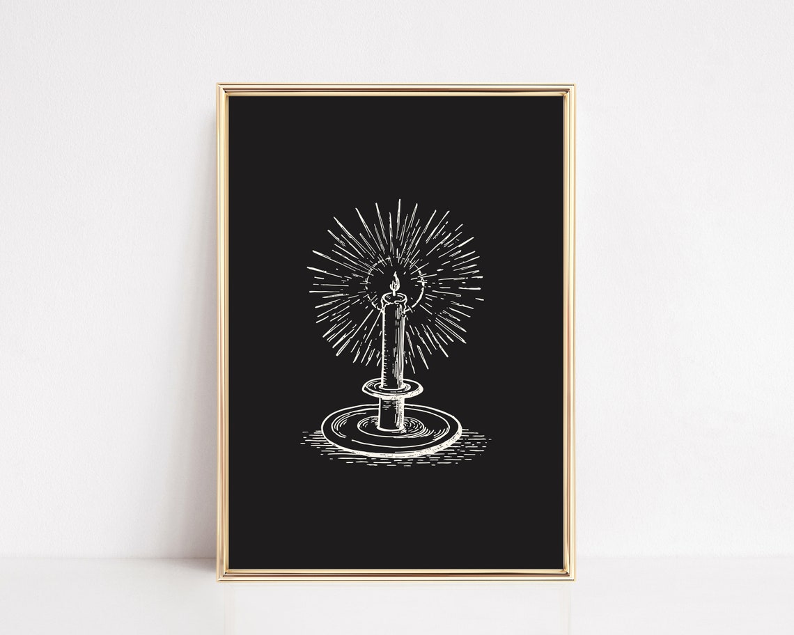 White Candle Line Art Minimalist Black Background Modern Wall Art
