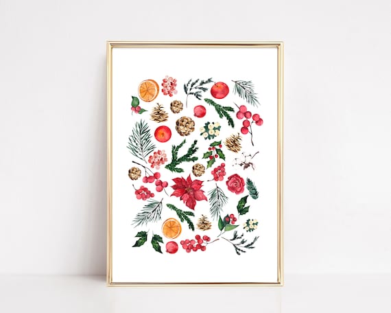 Christmas Botanical Print, Holiday Wall Art Print