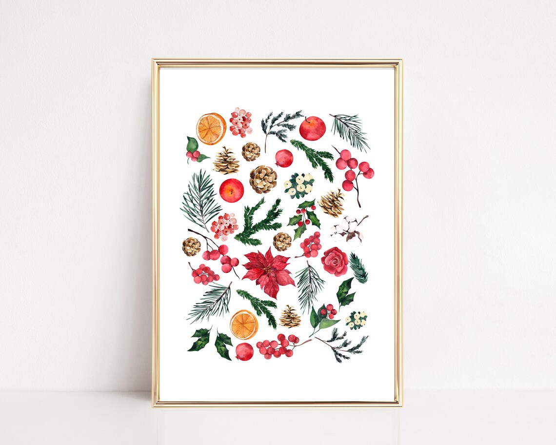 Christmas Botanical Print, Holiday Wall Art Print