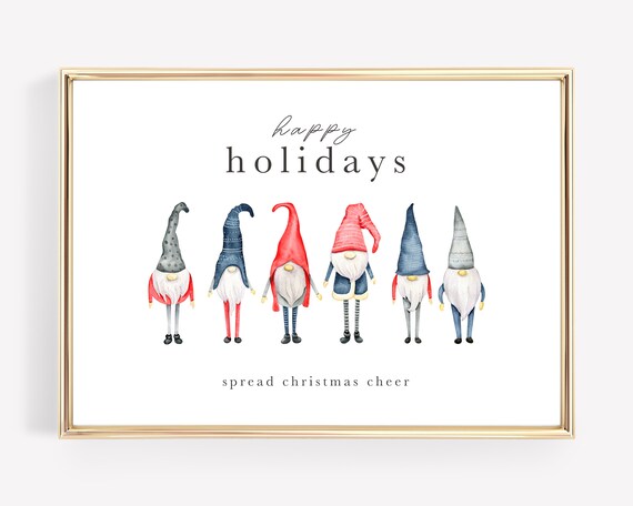 Happy Holidays Watercolor Christmas Gnomes In A Row Art Print