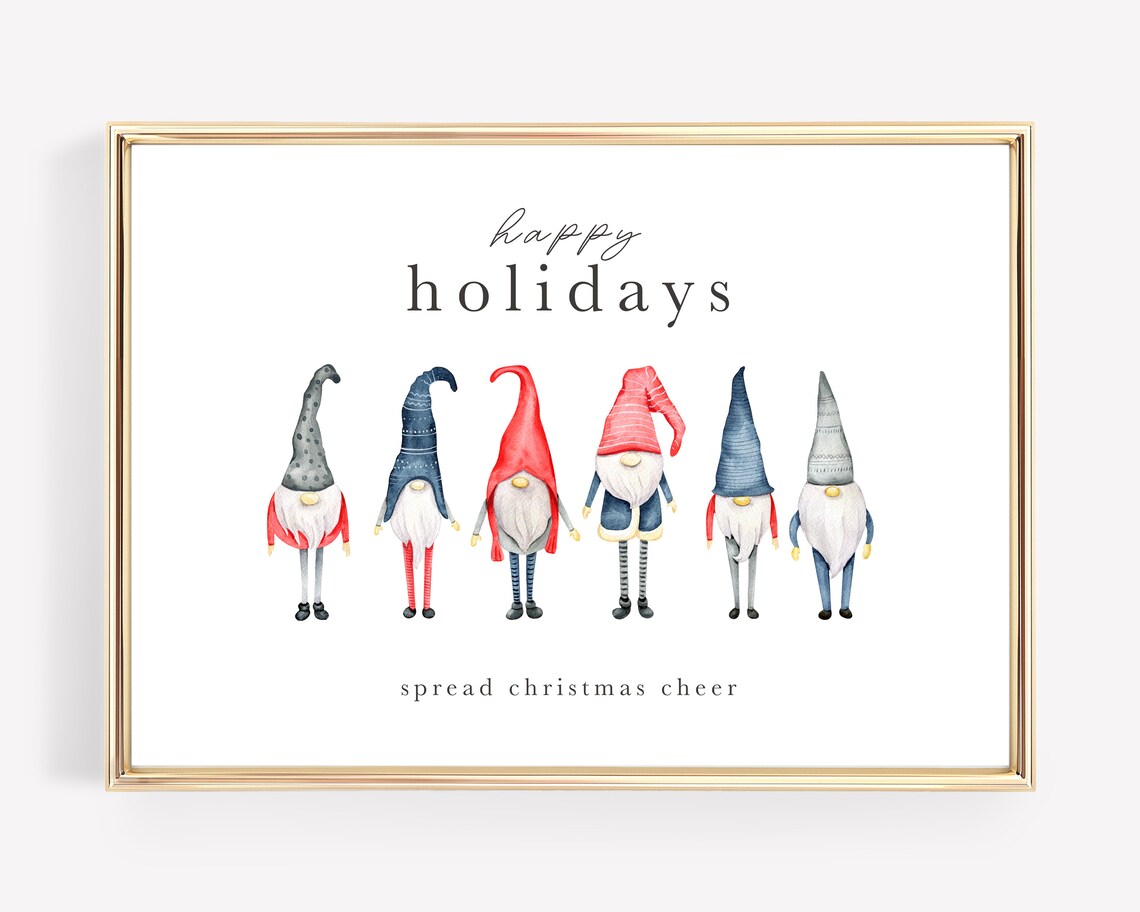 Happy Holidays Watercolor Christmas Gnomes In A Row Art Print