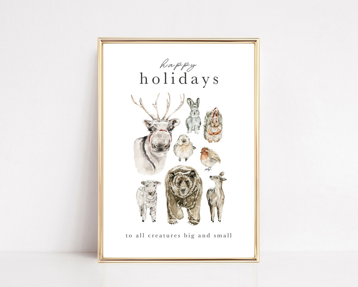 Christmas Holiday Watercolor Animals Woodland Nursery Poster
