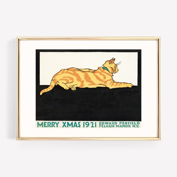 Edward Penfield Merry Xmas 1921 Stretching Tabby Cat Vintage Poster