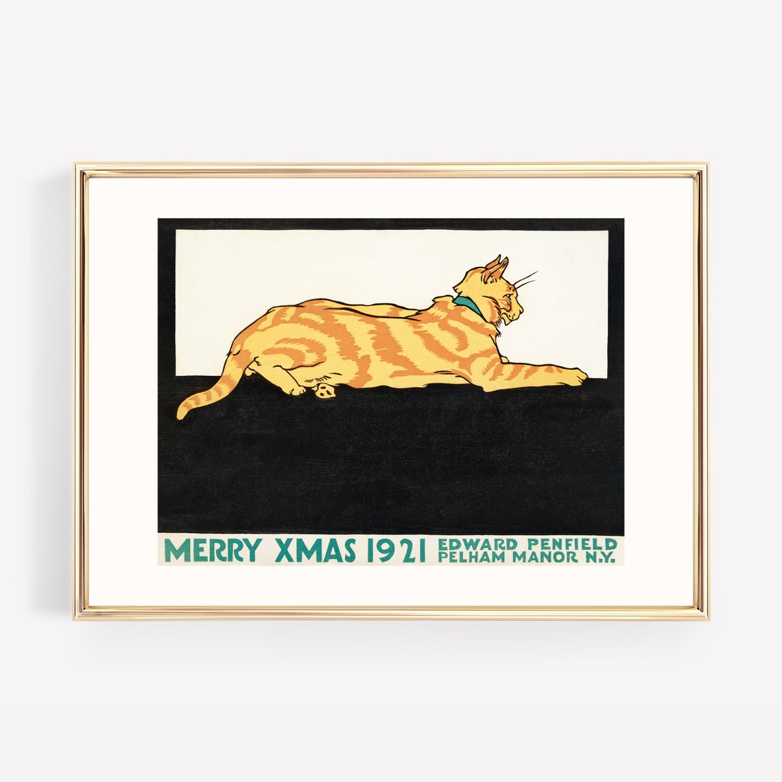 Edward Penfield Merry Xmas 1921 Stretching Tabby Cat Vintage Poster