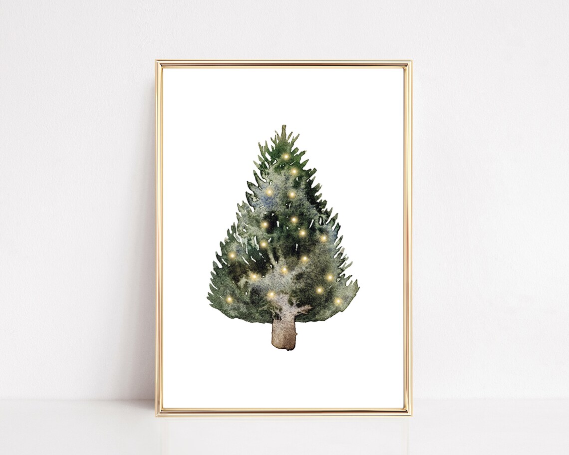 Watercolor Christmas Tree With Glowing Lights On White Art Print