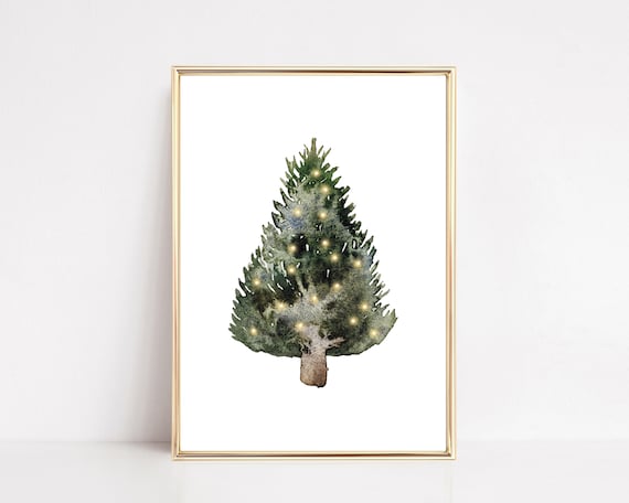 Watercolor Christmas Tree With Glowing Lights On White Art Print