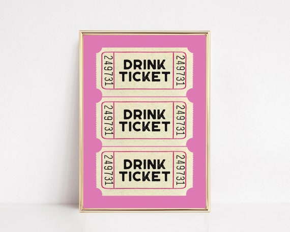 Pink Trendy Wall Art Retro Drink Ticket Print Girly Decor Preppy Wall Art Aesthetic Bar Cart Decor Print