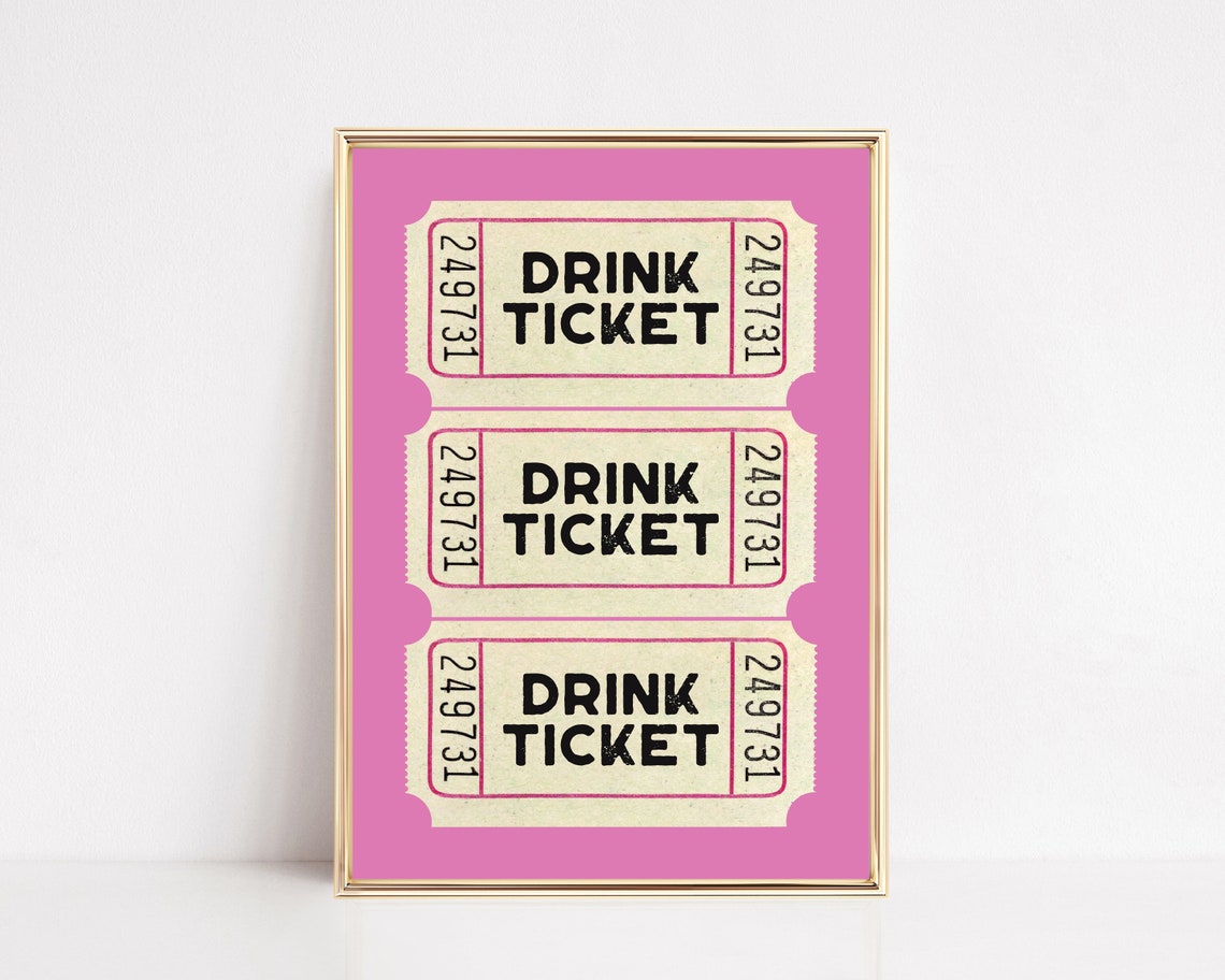Pink Drink Ticket Retro Poster For Bar Cart Decor And Parties
