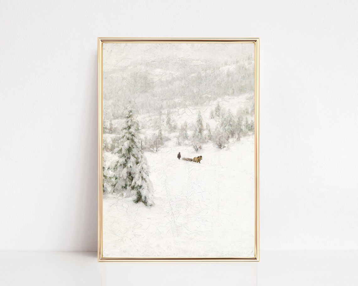 White Winter Forest Painting Snowy Pines Horse Sled Art Poster