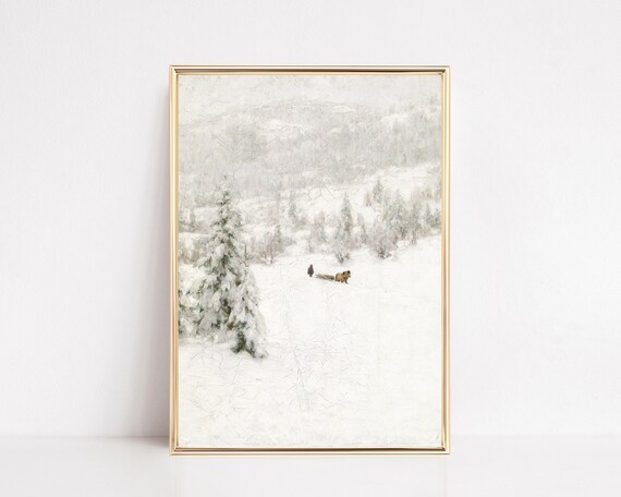White Winter Forest Painting Snowy Pines Horse Sled Art Poster