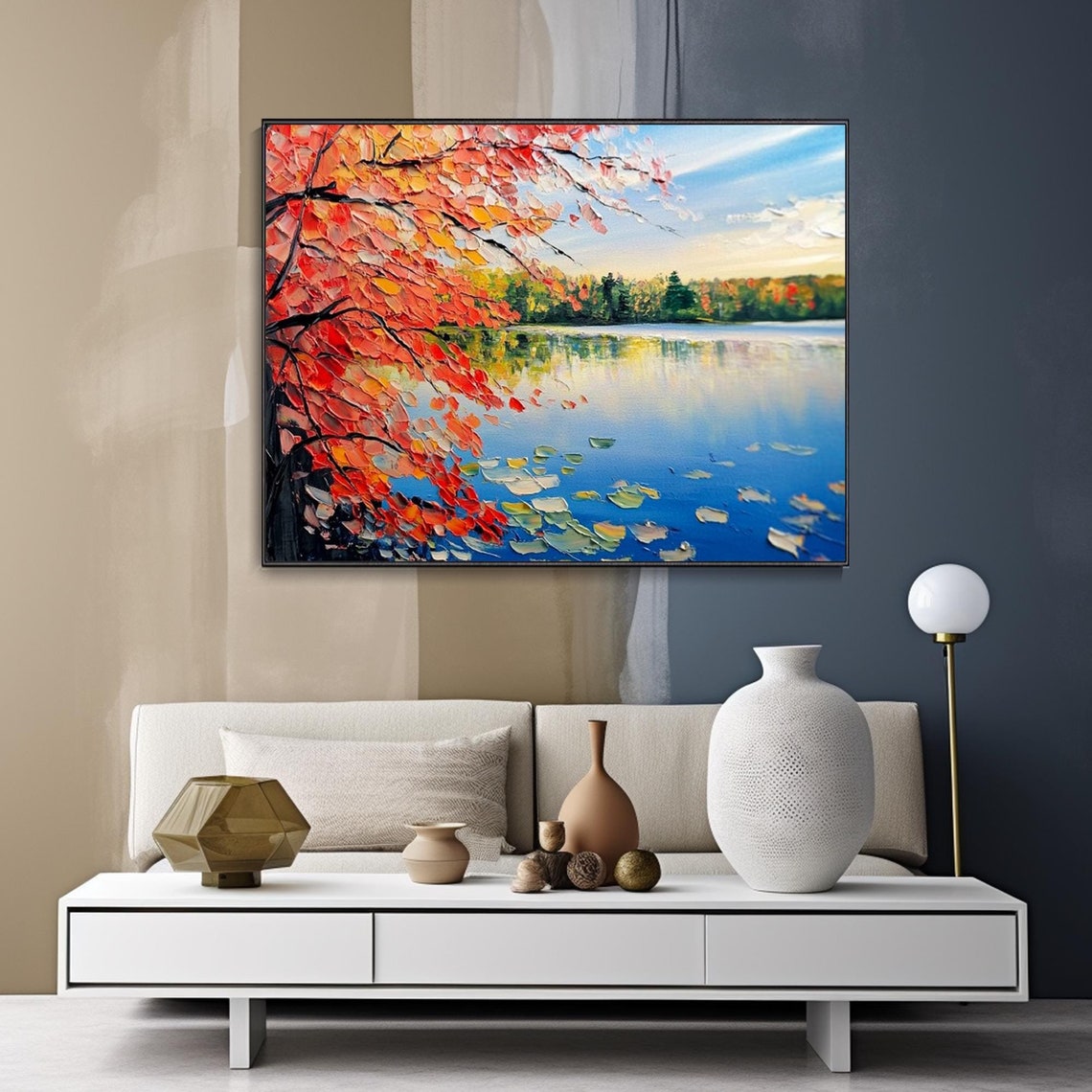 Autumn Maple Leaves Over Blue Lake Oil Painting Fall Foliage Poster