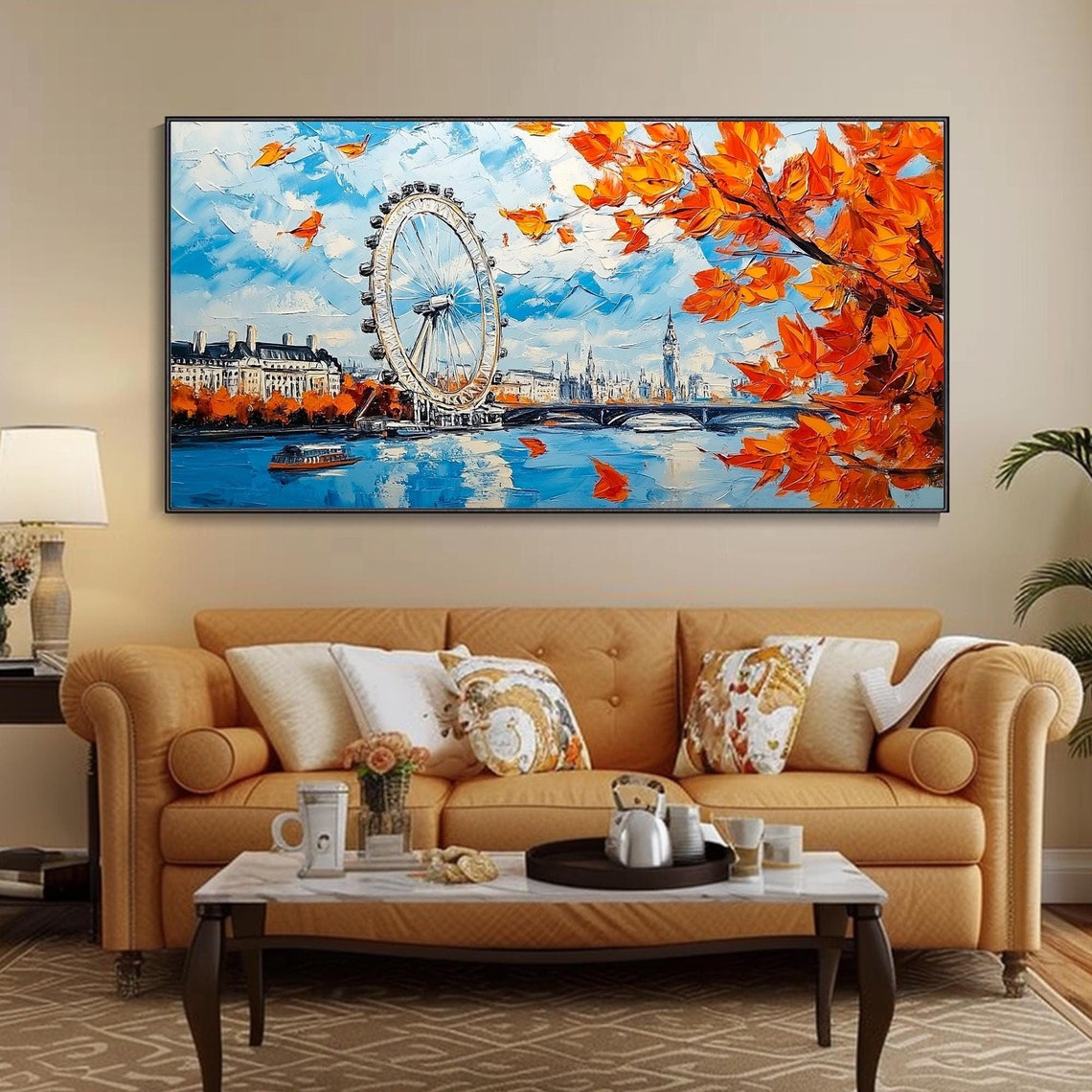 London Eye Ferris Wheel Thames Autumn Maple Leaf City Painting Poster