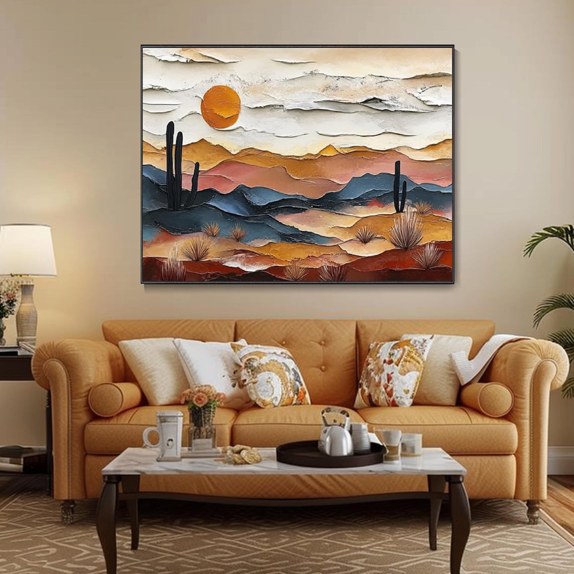 Desert Cactus and Wildflower Sunset Oil Painting Art Print